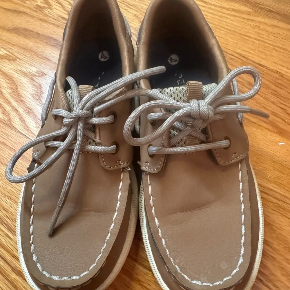 Sperry Kids Tan Boat Shoes with White Stitching